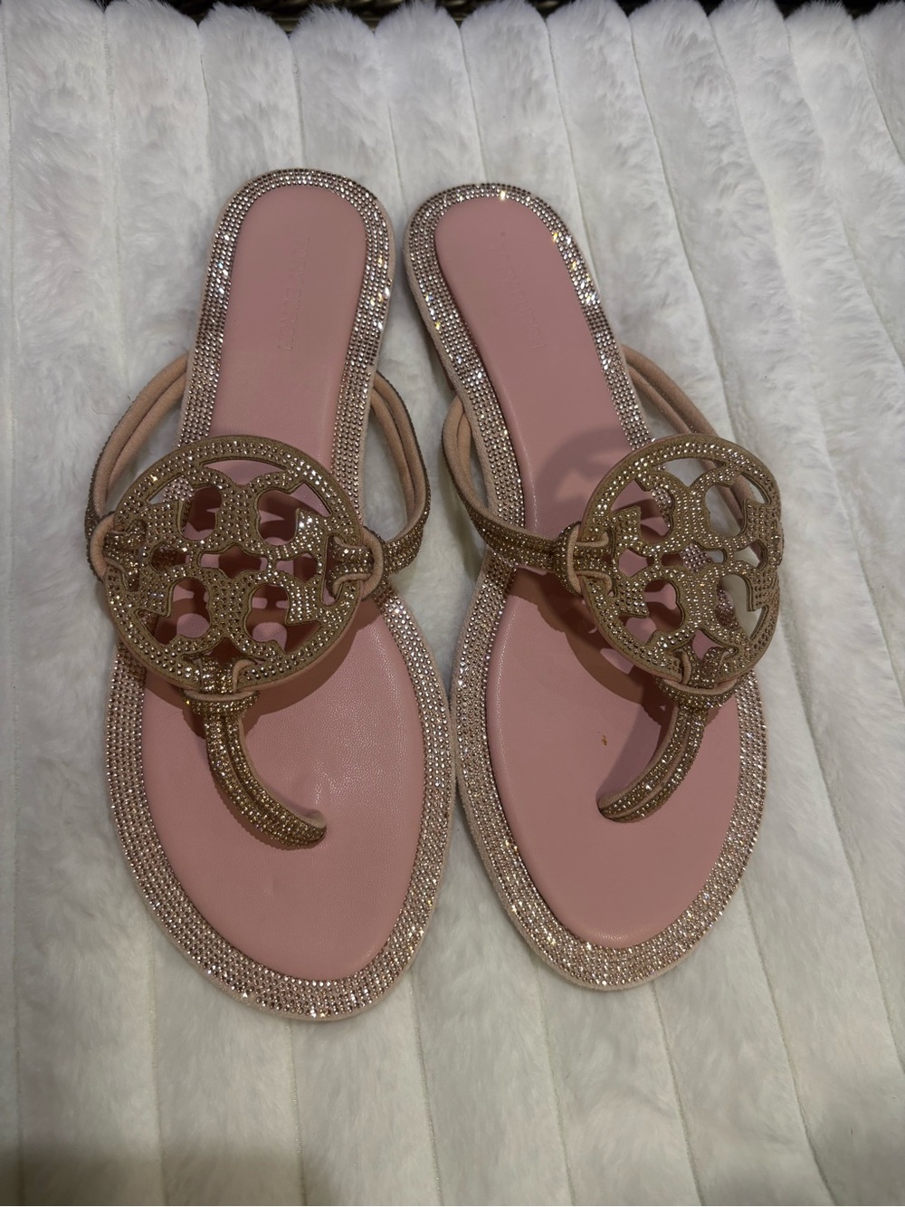 Tory Burch Pink and Gold Logo Thong Sandals